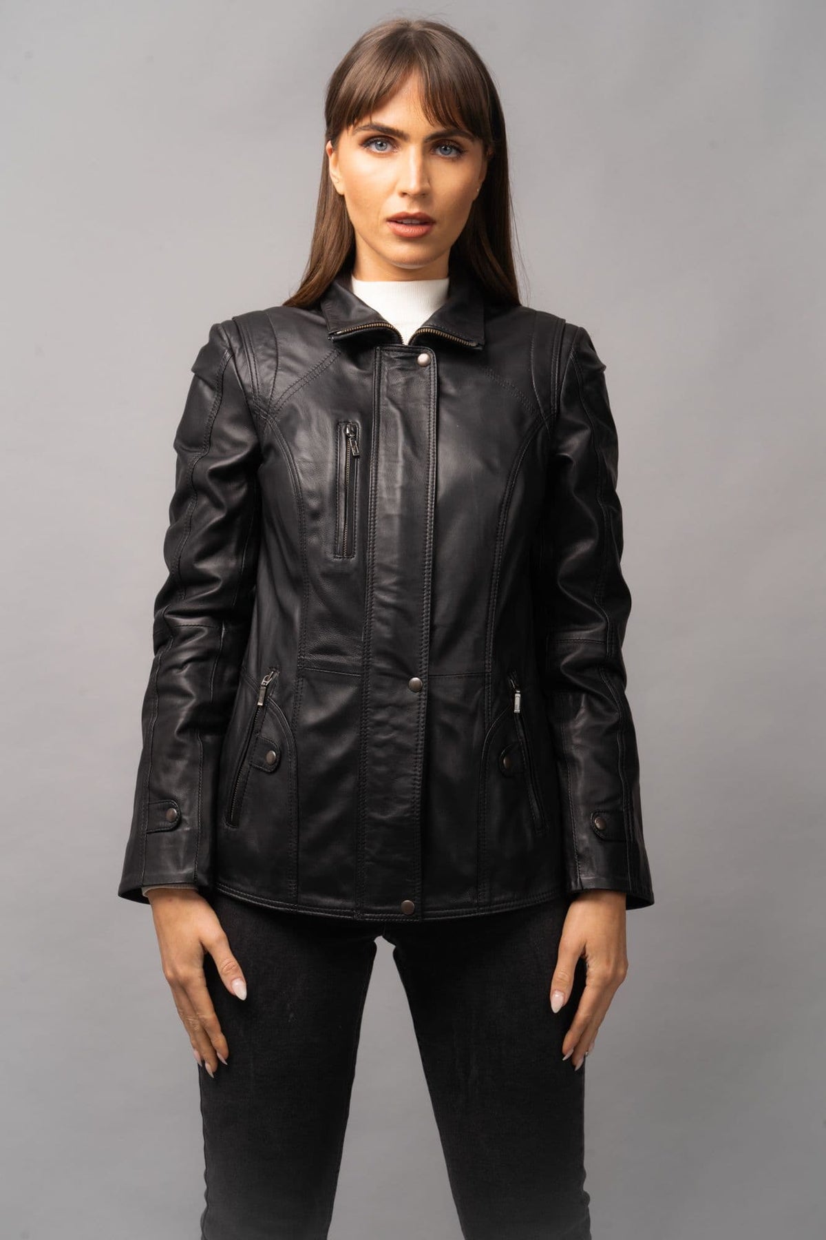 WOMENS LEATHER COATS BLACK :HARPER