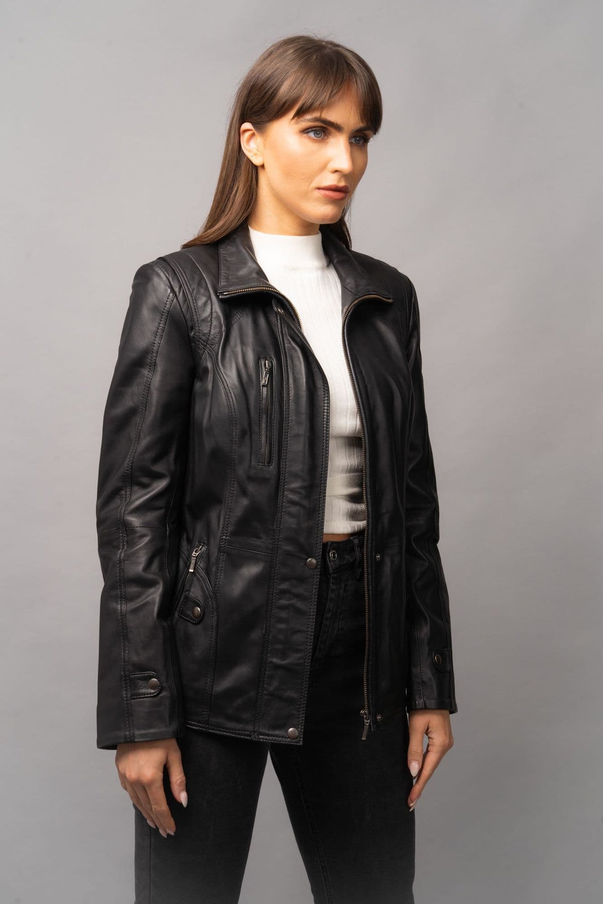 WOMENS LEATHER COATS BLACK :HARPER