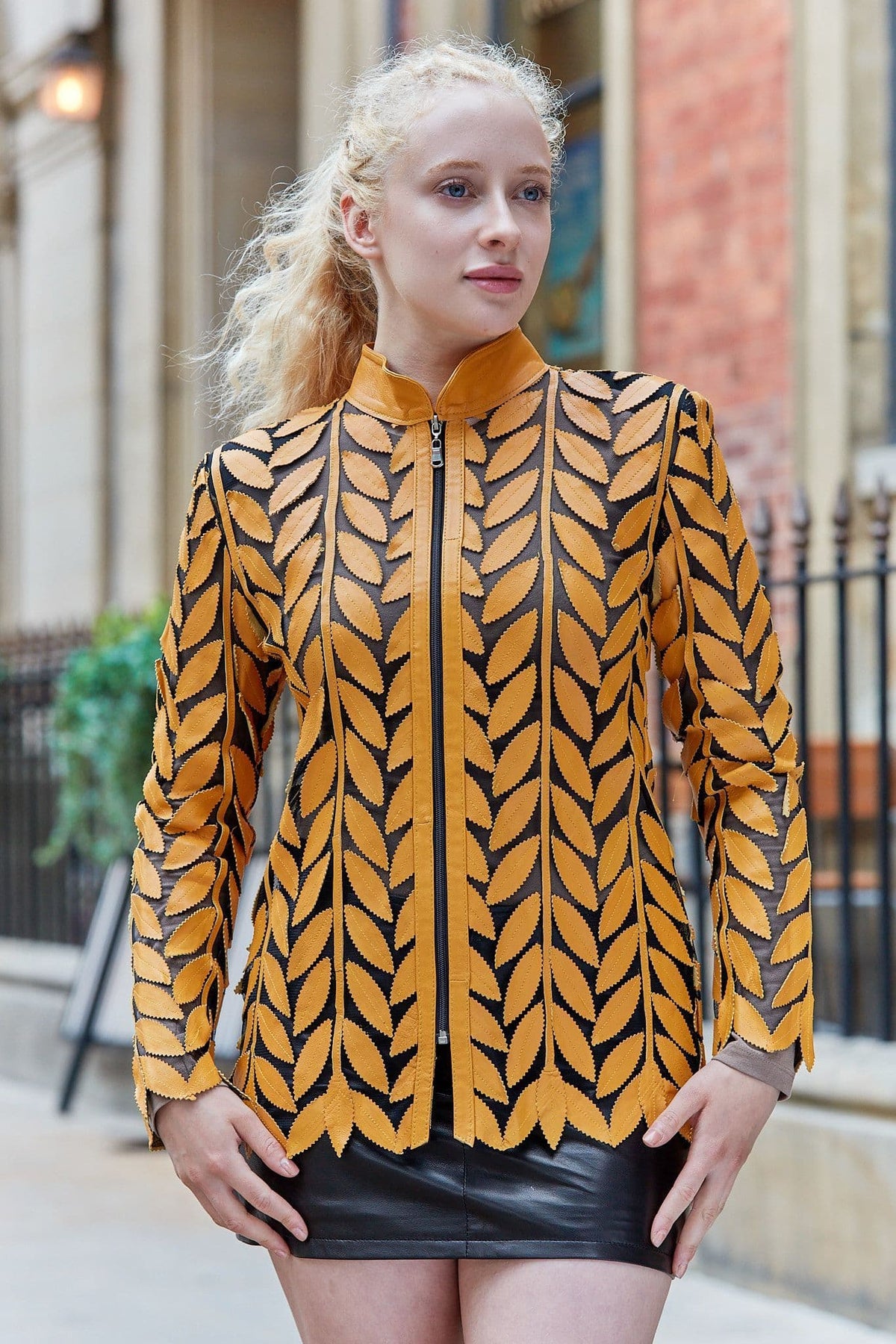 Yellow  Leather Leaf Jacket Ladies